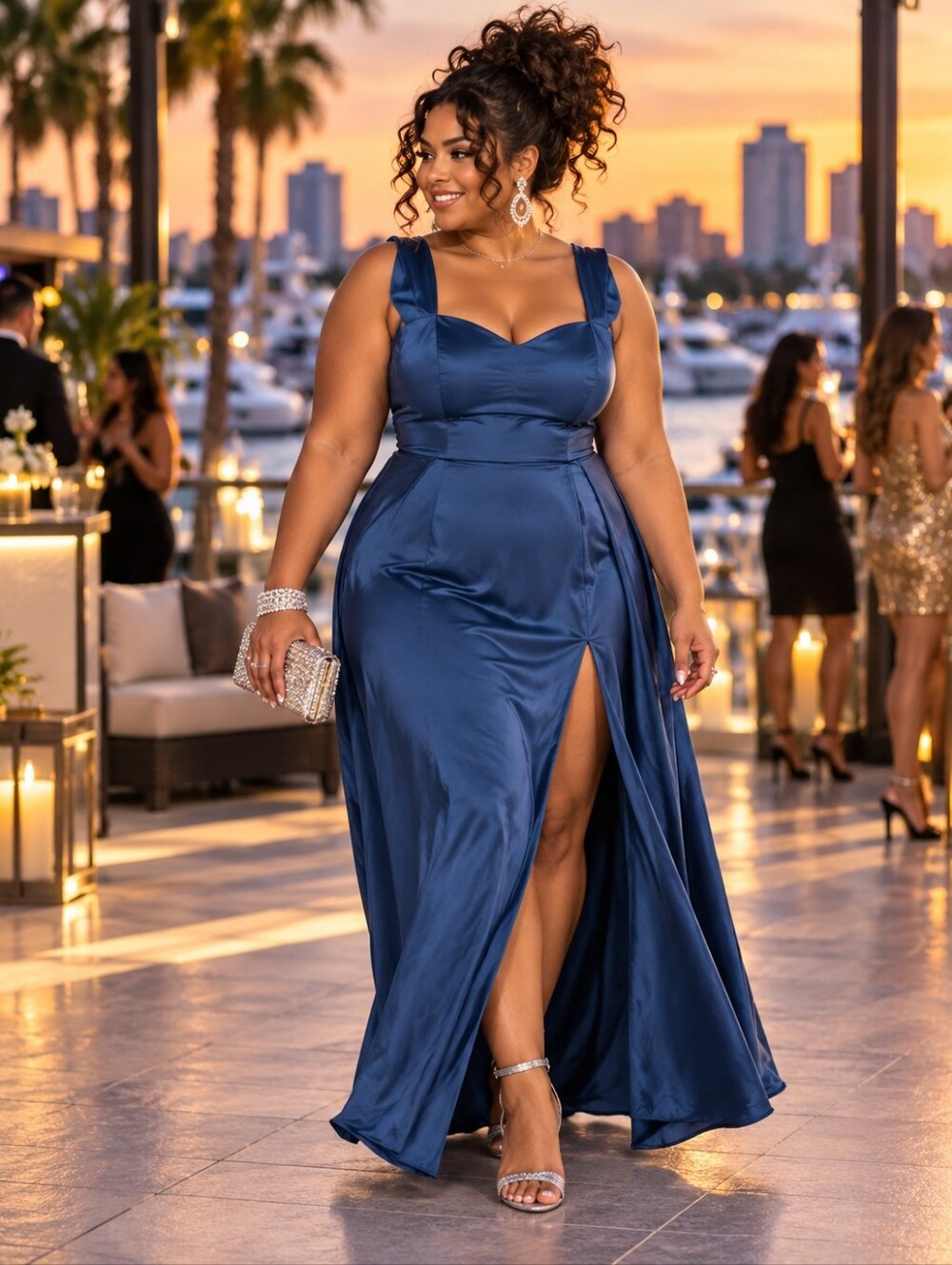 NWOT Lulu's Navy Blue Satin Tie-Strap Maxi Dress XL=14